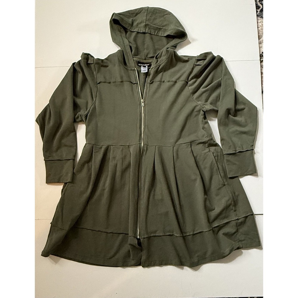 The Pyramid Collection Women's 1X Olive Green Zip Jacket Tunic boho pleated long